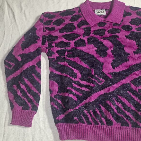 Vintage Zebra Print Sweater 90s Adele Womens M Purple Black Metallic Knit USA - Picture 4 of 8